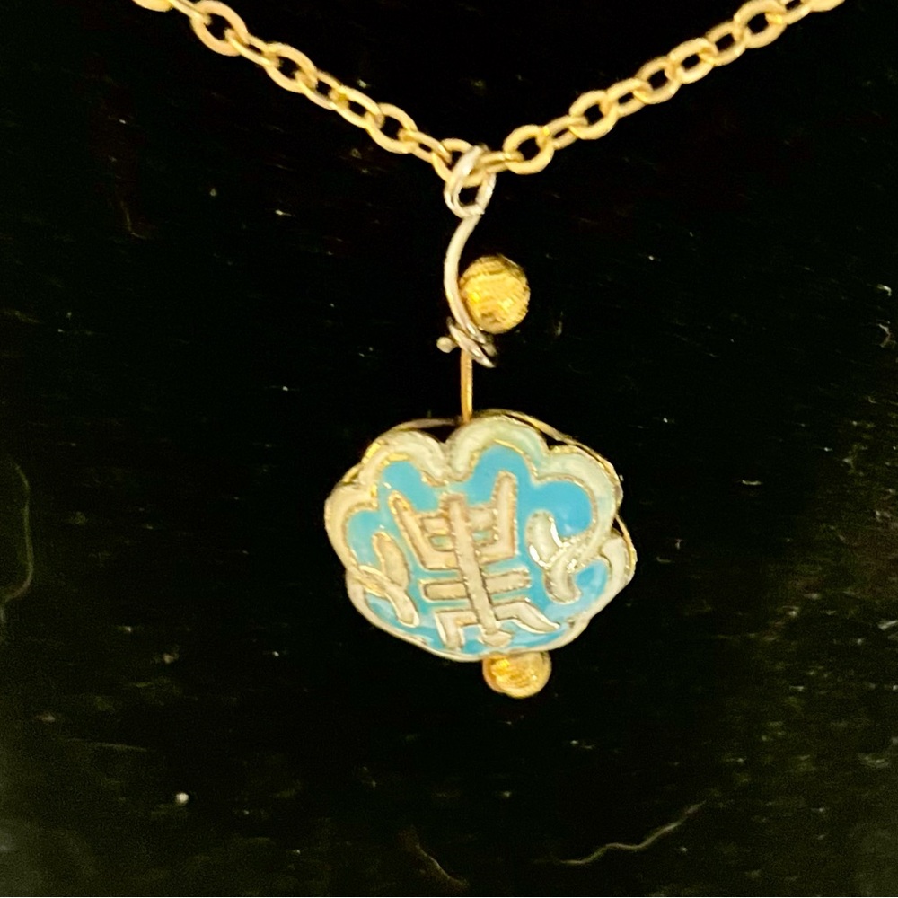 Vintage Cloisonné Enamel Necklace – Robin’s-Egg Blue & Gold Longevity Symbol - Picture 8 of 11